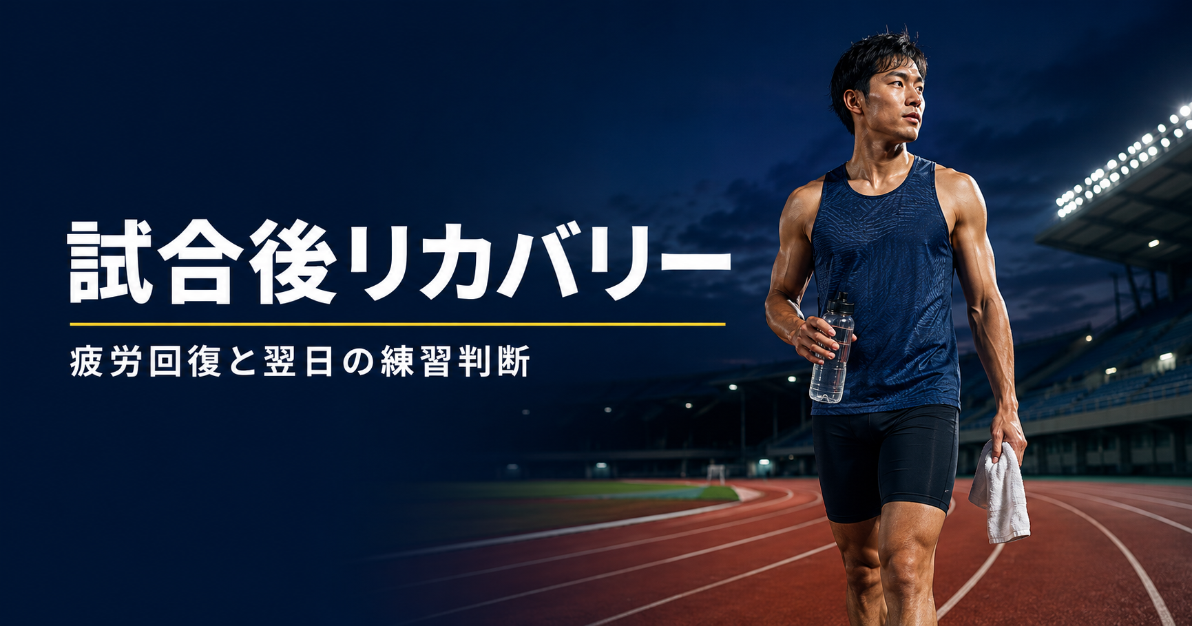 短距離選手が試合後に水分補給しながらトラックを歩く様子と、疲労回復・翌日の練習判断を示すアイキャッチ